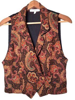 Vintage 90s David Benjamin Vest Women Small Paisley Double Breasted Gold Button